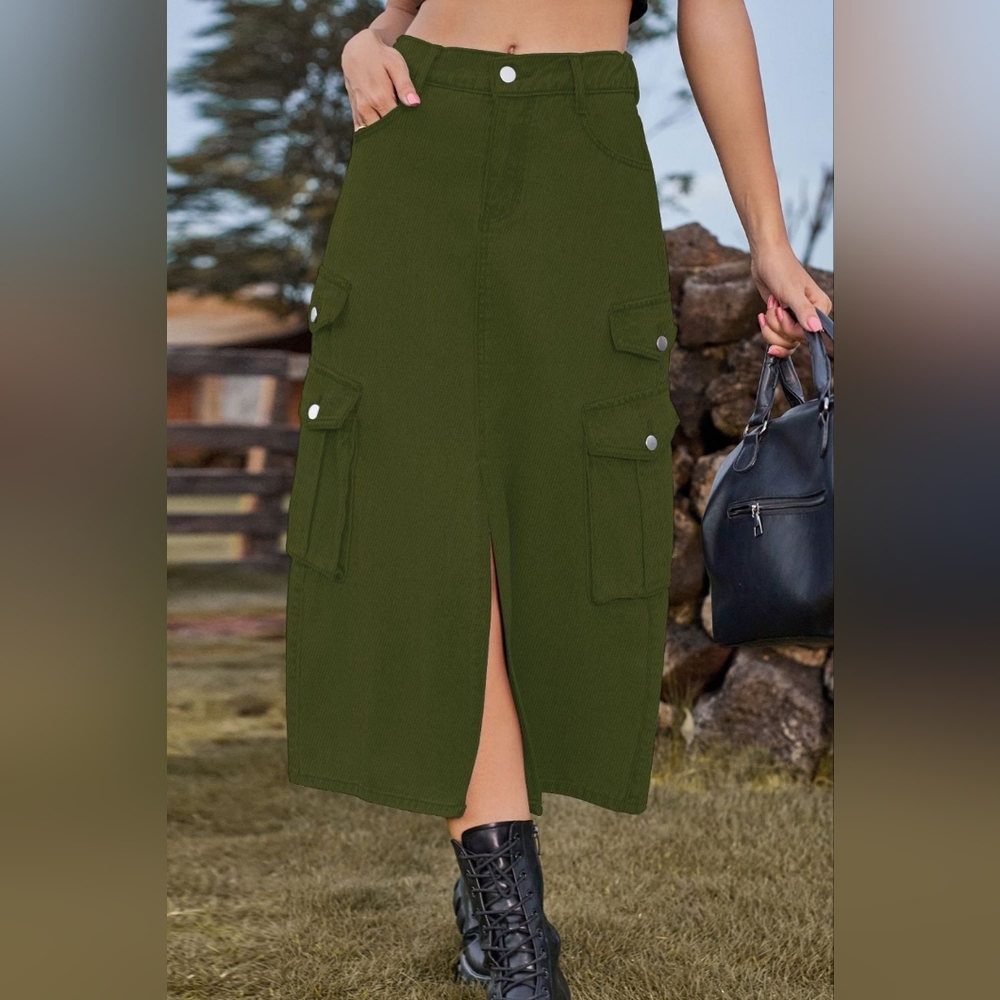 High-Rise Midi Retro Cargo Pocket Button Elastic Waist Denim Jean Slit Skirt
